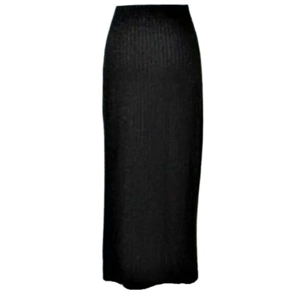 Maxi Skirt Lightweight Ribbed Knit Wide Waistband Side Slit Black Sz Women's S/M - Picture 3 of 5